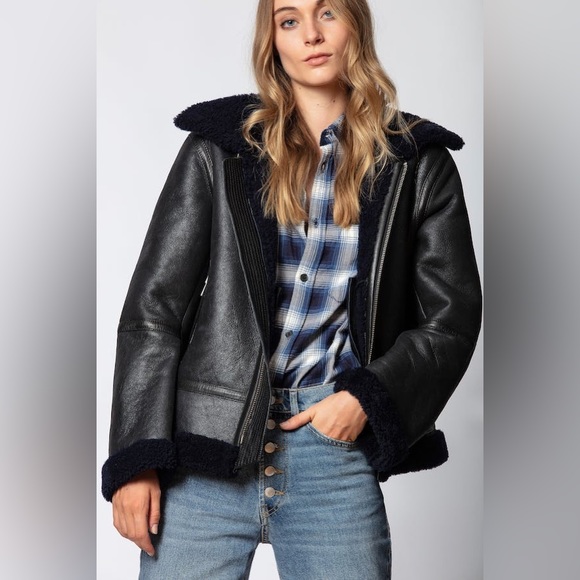 Zadig & Voltaire "Kafe” Shearling Leather Jacket Coat - Picture 2 of 14